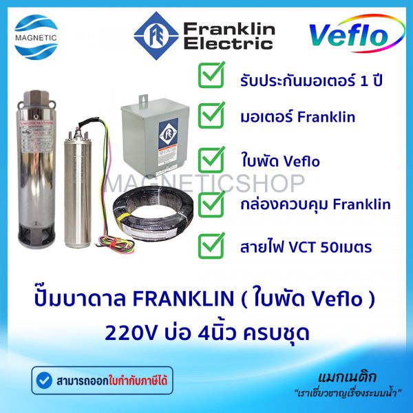 ปั๊มบาดาล FRANKLIN ( ใบพัด Veflo ) 220V บ่อ 4นิ้ว ครบชุด.Tem